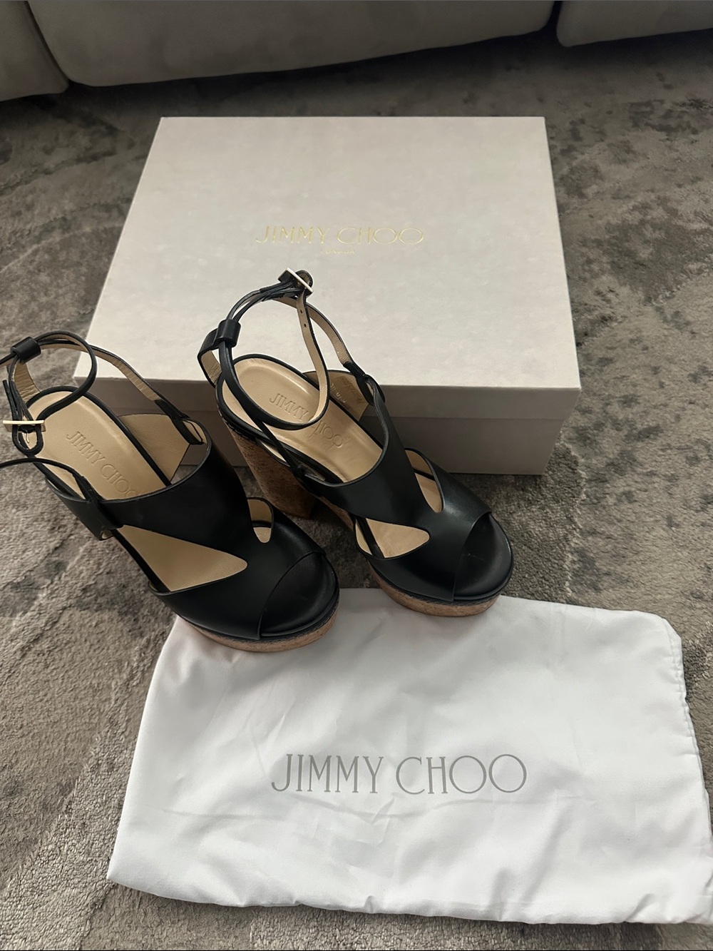 Jimmy Choo Black Leather Cork Platform Wedge Sandals